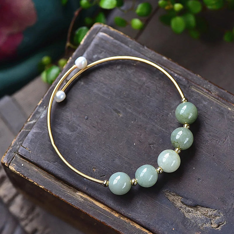 Green Jades Stone Beads Bracelet Pearl 14K Filled Wire Bangle DIY Jewelry