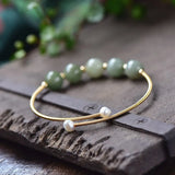 Green Jades Stone Beads Bracelet Natural Pearl Wire Bangles