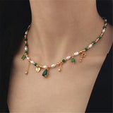Green Malachite Stone Beads Pearl Tassel Necklace Zircon Pendant