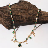Green Malachite Stone Beads Pearl Tassel Necklace Zircon Pendant