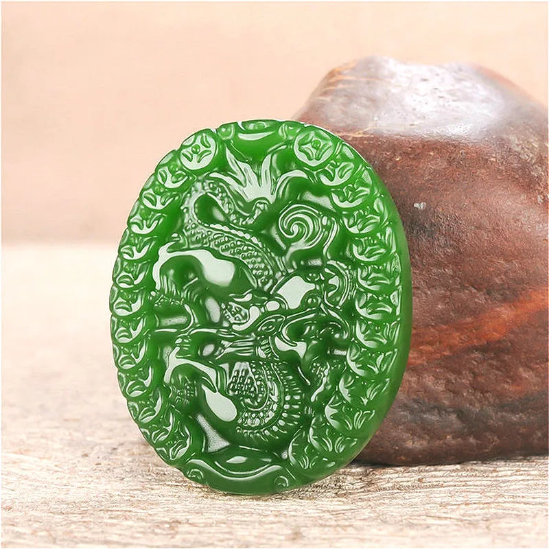 Green Money Dragon Jade Pendant Necklace Chinese Hand-Carved