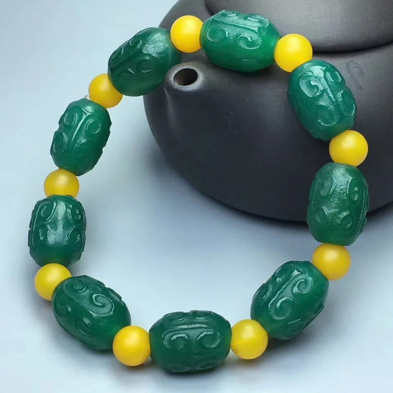 Natural Green Agate Carved Bucket Bead Bracelet