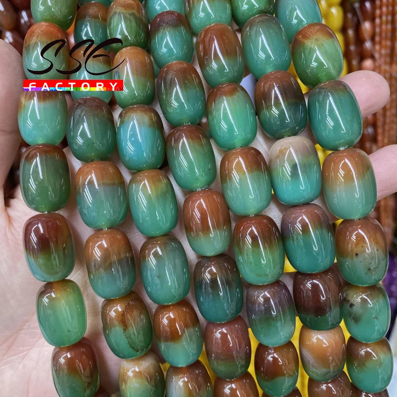 Green Peacock Agate Drum Barrel Shape Beads 15 Inches