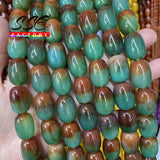 Green Peacock Agate Drum Barrel Shape Beads 15 Inches