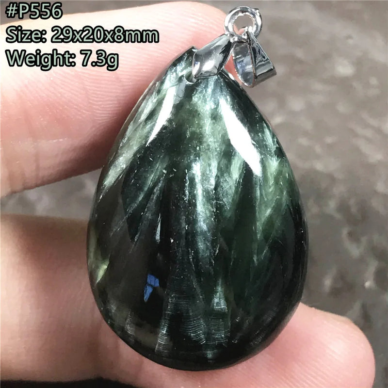 Green Seraphinite Necklace Pendant Healing Crystal Silver Beads Stone AAAAA