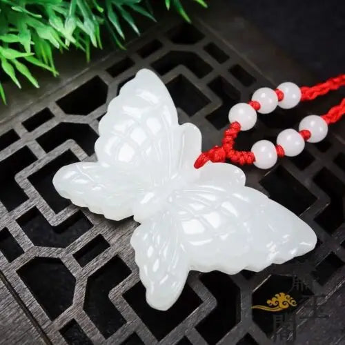 Green/White Jade Butterfly Amulet Necklace Pendant