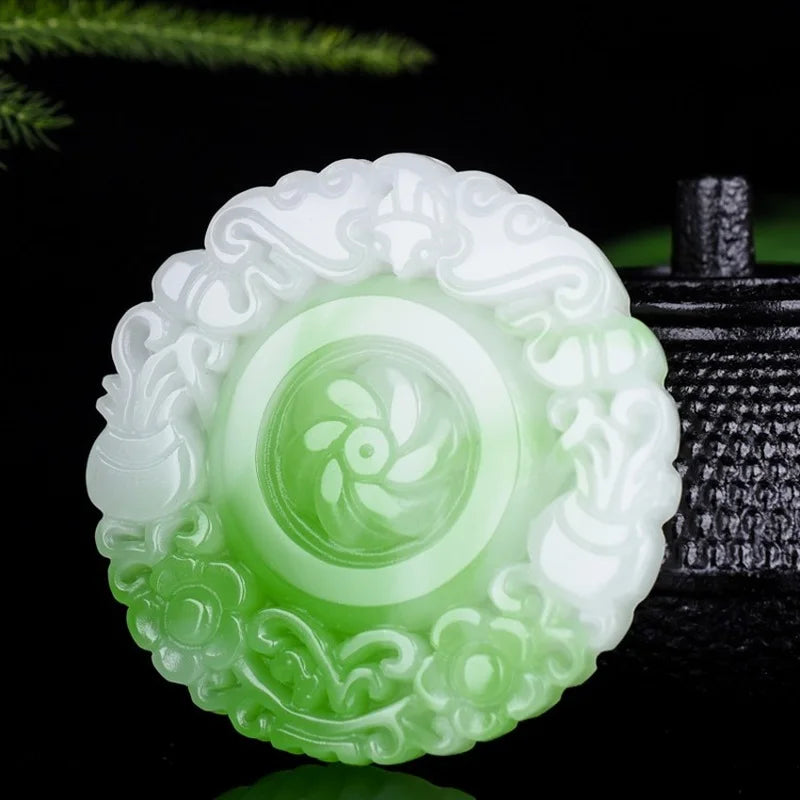 Green Jade Sunflower Pendant Necklace Chinese Hand-Carved Charm Jewelry
