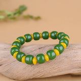 Green Yellow Jade Beads Bracelet Chinese Jewelry Hand-Carved Charm Amulet