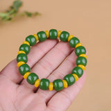 Green Yellow Jade Beads Bracelet Chinese Jewelry Hand-Carved Charm Amulet