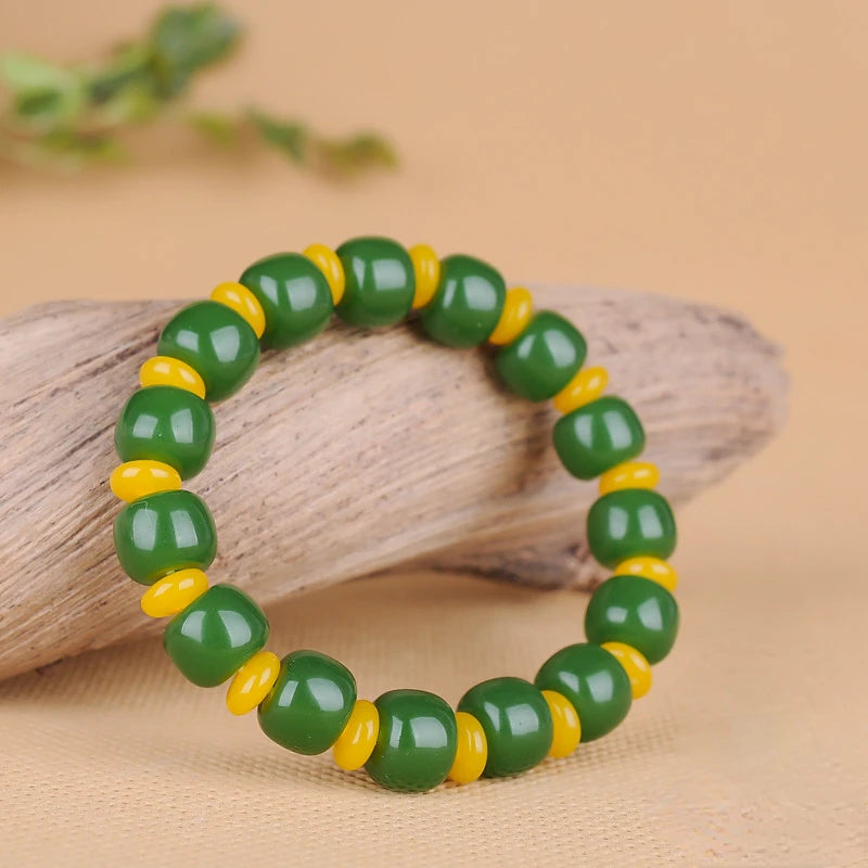 Green Yellow Jade Beads Bracelet Chinese Jewelry Hand-Carved Charm Amulet