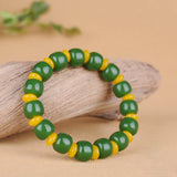 Green Yellow Jade Beads Bracelet Chinese Jewelry Hand-Carved Charm Amulet