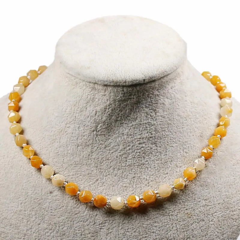 Yellow Jade Quartz Necklace Gem Face Beads Silver 925 Button Necklaces