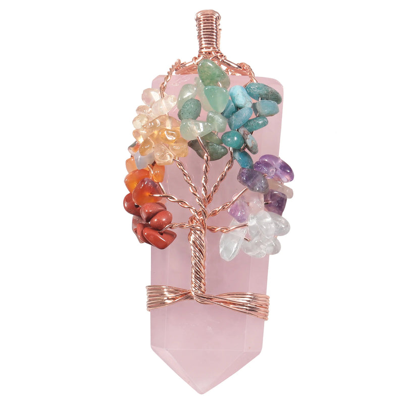 Rose Quartz Faceted Hexagons Pendant 7 Chakras Tree Of Life Jewelry