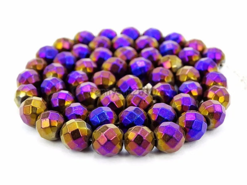 Natural Hematite Faceted Round Beads Metallic Purple 15.5'' 5 Strands/Pack