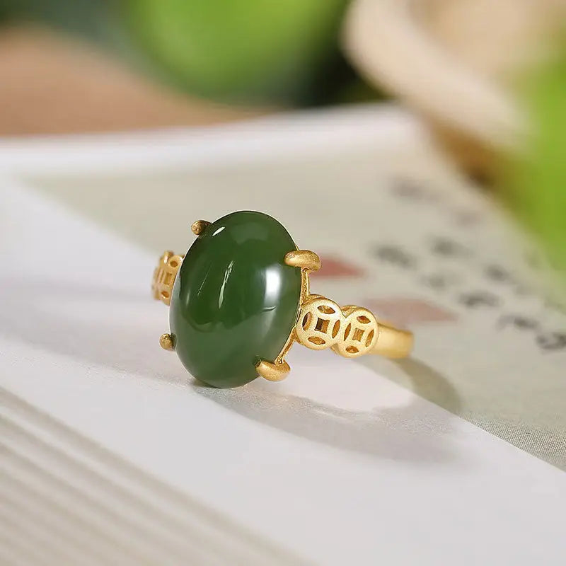 Adjustable Hetian Chrysoprase Oval Ring - Ethnic Style Jewelry