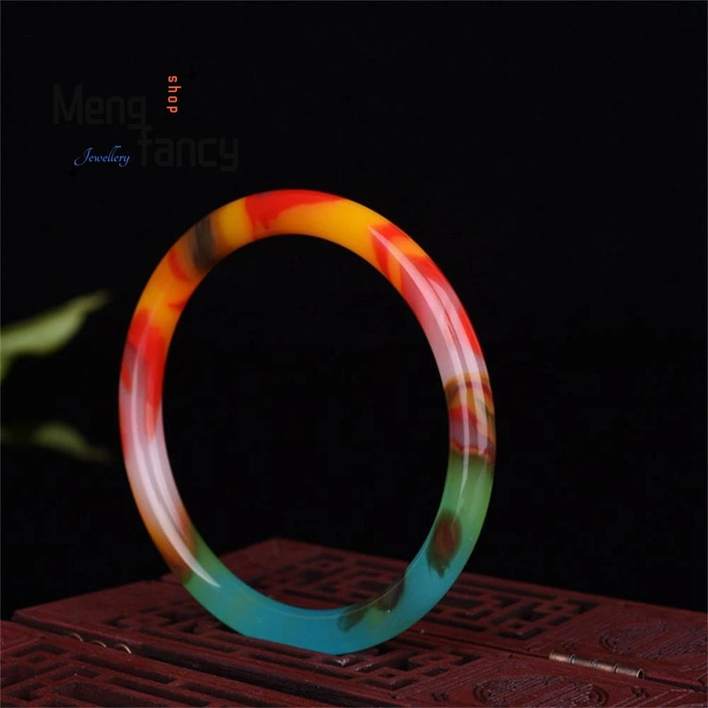 Natural Hetian Colorful Jade Floating Flower Bracelet Charms Women Fine Jewelry
