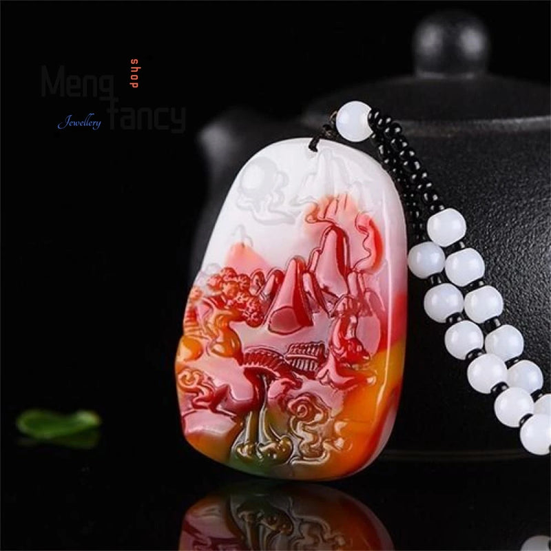 Natural Hetian Colorful Jade Mountain Water Pendant Charms Amulets