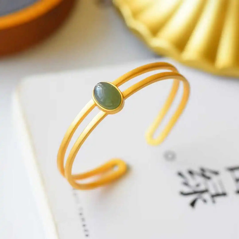 Natural Hetian Gray Jade Bracelet Women's Sterling Silver Gold-Plated Antique