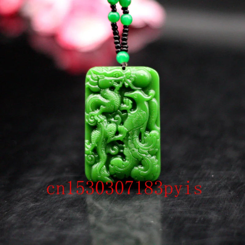Hetian Green Jade Dragon Phoenix Pendant Necklace Amulet