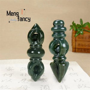 Hetian Green Jade Vajra Pestle Pendant Necklace Amulet