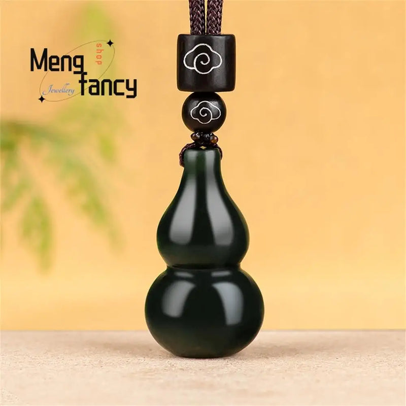 Natural Hetian Ink Jade Gourd Pendant Charms Fine Jewelry