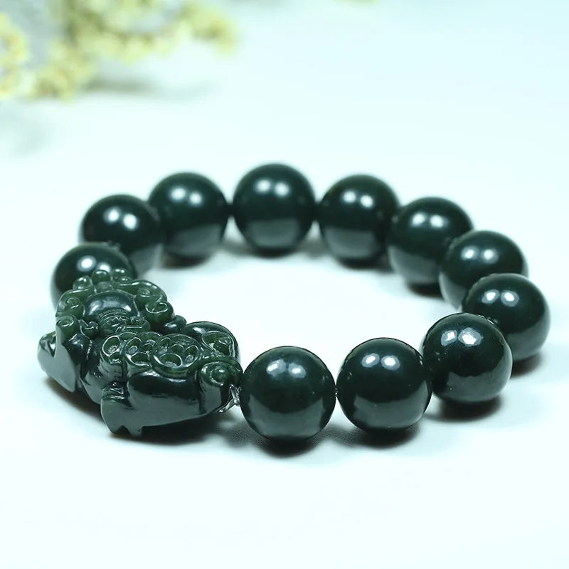 Natural Hetian Jade 16mm Pixiu Bracelet Hand-Carved Amulet