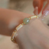 Natural Hetian Jade Adjustable Chain Bracelet with Shell Bamboo Beads