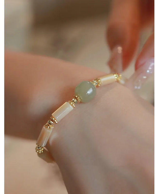 Natural Hetian Jade Adjustable Chain Bracelet with Shell Bamboo Beads