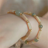 Natural Hetian Jade Adjustable Chain Bracelet with Shell Bamboo Beads Charm