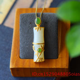 Natural Hetian Jade Bamboo Pendant Necklace Amulet 925 Silver Women Chalcedony