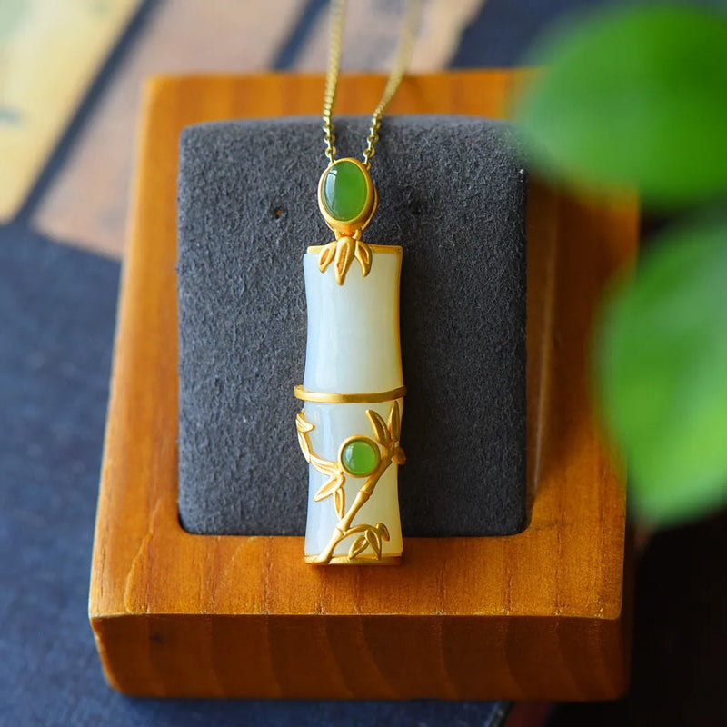 Natural Hetian Jade Bamboo Pendant Necklace Amulet 925 Silver Women Chalcedony