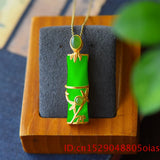 Natural Hetian Jade Bamboo Pendant Necklace Amulet 925 Silver Women Chalcedony