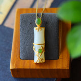 Natural Hetian Jade Bamboo Pendant Necklace Amulet 925 Silver Women Chalcedony