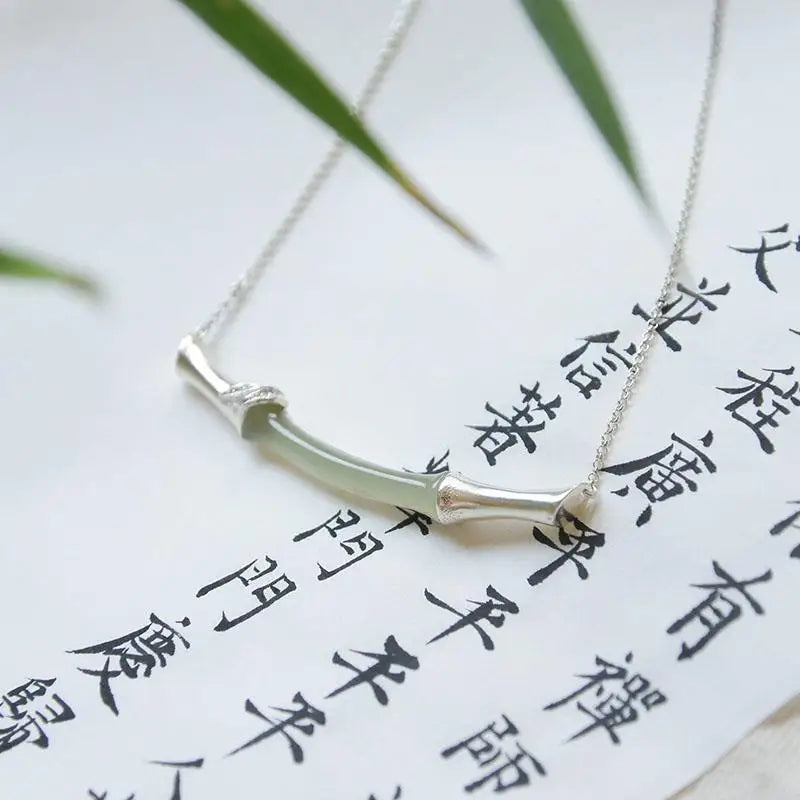Natural Hetian Jade Bamboo S925 Sterling Silver Pendant Necklace