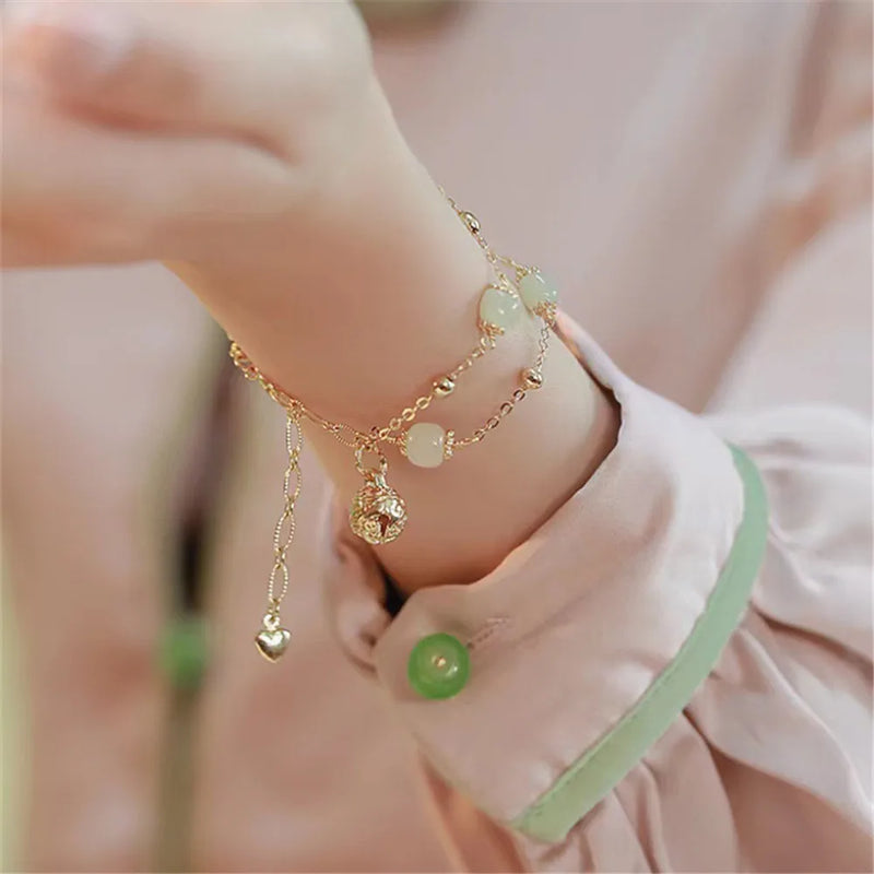 Hetian Jade Barrel Beads Bell Charm Bracelet Double Layer Chain Jewelry