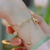 Hetian Jade Barrel Beads Bell Charm Bracelet Double Layer Chain Jewelry