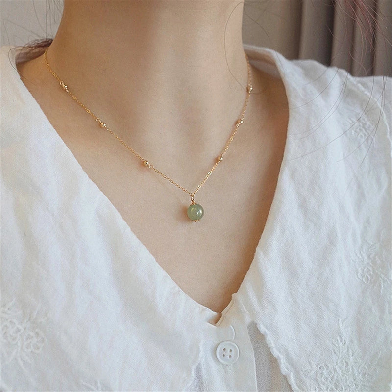 Hetian Jade Bead Pendant Necklace 14K Women Jewelry