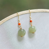Hetian Jade Bead Pendant Drop Earrings Red Agate Ear Hook Women Charm Jewelry
