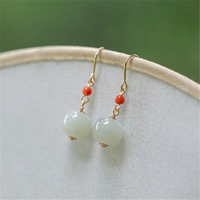 Hetian Jade Bead Pendant Drop Earrings Red Agate Ear Hook Women Charm Jewelry