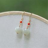 Hetian Jade Bead Pendant Drop Earrings Red Agate Ear Hook Women Charm Jewelry