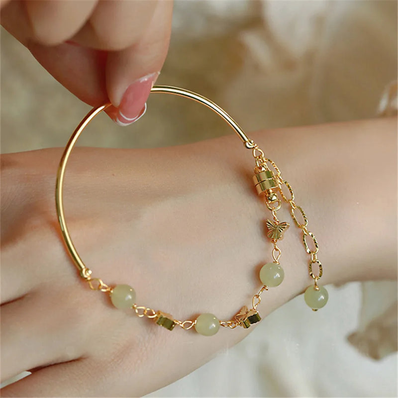 Natural Hetian Jade Beads Bracelet Butterfly Metal Accessories Female Ins Niche