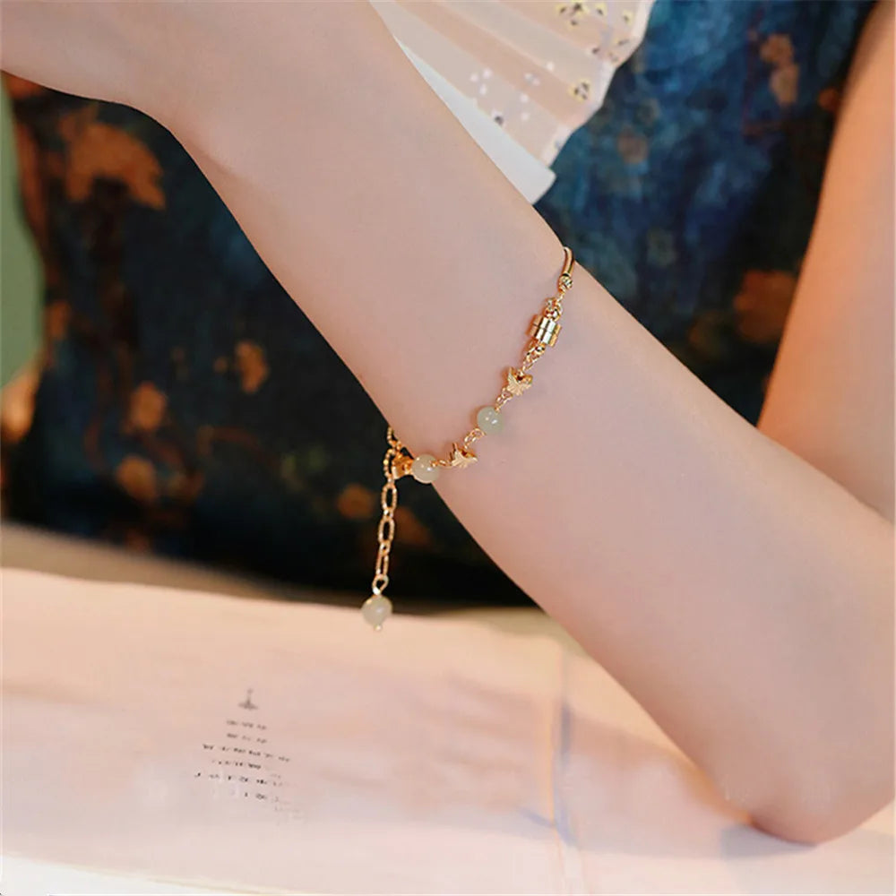 Natural Hetian Jade Beads Bracelet Butterfly Metal Accessories Female Ins Niche