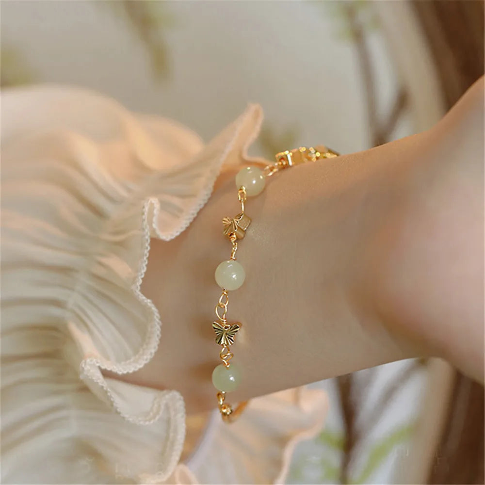 Natural Hetian Jade Beads Bracelet Butterfly Metal Accessories Female Ins Niche