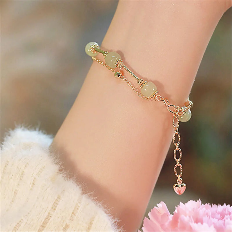 Natural Hetian Jade Beads Chain Bracelet Ins Niche Double Layered Women