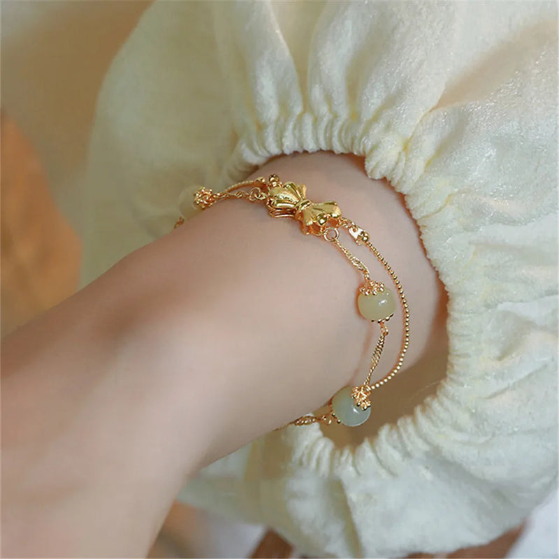 Natural Hetian Jade Beads Double Layered Bracelet Butterfly Accessory