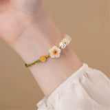 Hetian Jade Beads Peach Blossom Women Bracelet Ethnic Rope Pearl Jewelry