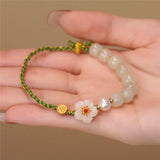Hetian Jade Beads Peach Blossom Women Bracelet Ethnic Rope Pearl Jewelry