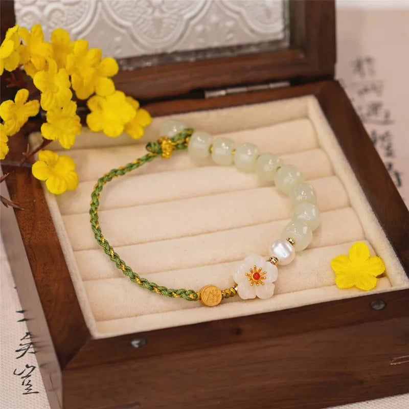 Hetian Jade Beads Peach Blossom Women Bracelet Ethnic Rope Pearl Jewelry