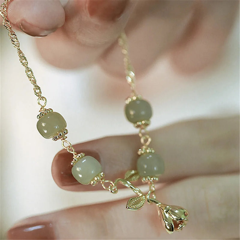 Hetian Jade Chain Bracelet with Rose Flower, Adjustable