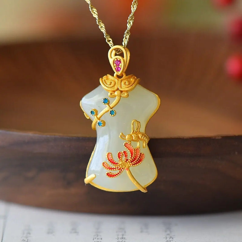 Natural Hetian Jade Cheongsam Pendant S925 Sterling Silver Inlaid Jade Cheongsam